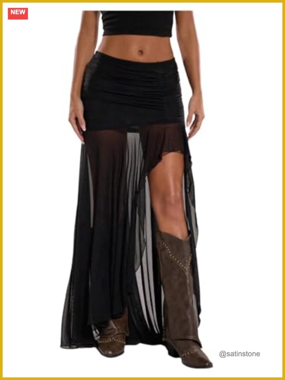 Sheer Mesh Pleated Maxi Skirt High Slit Asymmetrical Bodycon